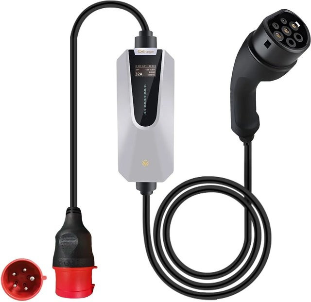 Junsun Tragbare EV Ladestation Typ 2 22kW 3-Phasig 32A mit Smart Life App, LCD-Display und 5M CEE Stecker in Rot-Weiß - Bild 1
