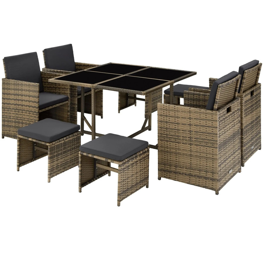 tectake Rattan Sitzgruppe Bilbao für 4 bis 8 Personen in Braun und Beige mit Polstern und Flechtmuster, B/T/H: 53 x 53 x 87 cm - Bild 3