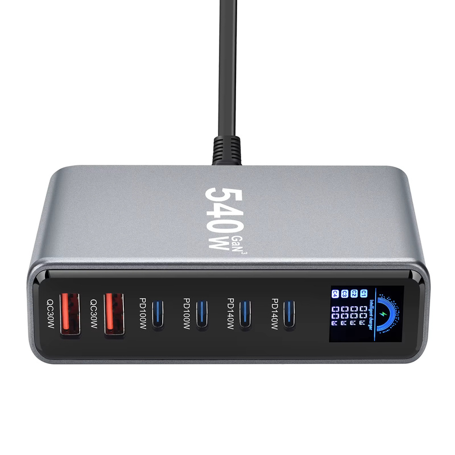 Deepartner 540W Desktop GaN Ladestation mit Display, Multi-Port Schnellladegerät in Grau mit 4 USB-C und 2 USB-A Anschlüssen - Bild 2