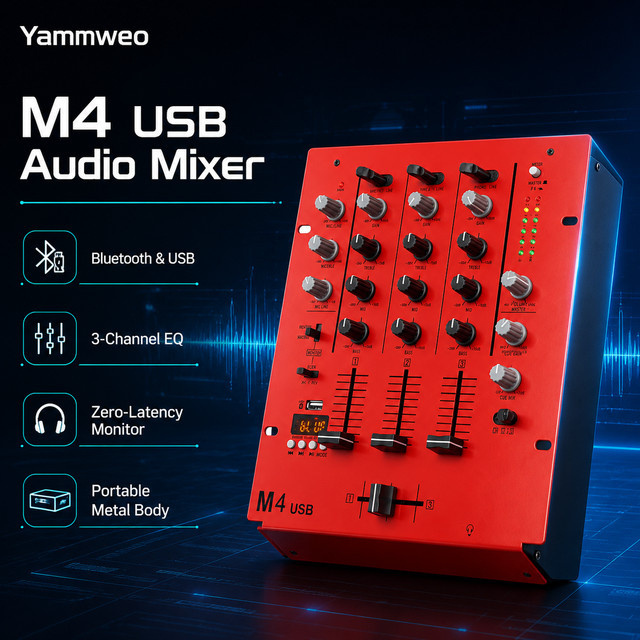 Yamnweo M4 USB Mini DJ-Mixer 3-Kanal-Audio-Mischpult mit Bluetooth und USB MP3-Wiedergabe in Schwarz-Rot - Bild 1