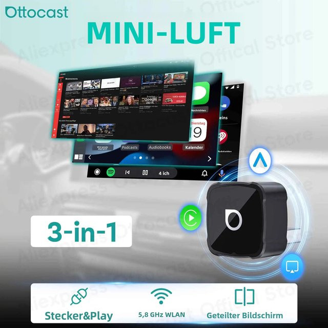 OTTOCAST 2026 Express MINI AIR 3-in-1 Cube Adapter für kabelloses CarPlay und Android Auto mit iOS Bildschirmspiegelung in Schwarz (USB-A und USB-C) - Bild 1