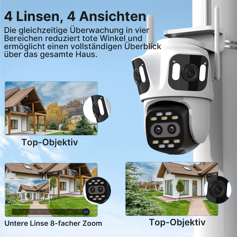 WONSDAR IP-Kamera für Außenbereich mit Vier Bildschirmen, 4K HD WLAN-Kamera, PTZ-Videoüberwachung mit Farbnachtsicht und Auto-Tracking, Weiß, ICSee - Bild 3