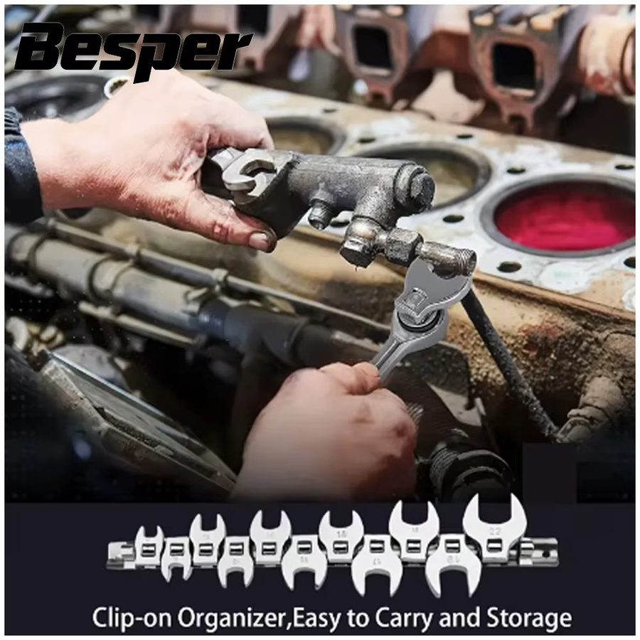 Besper 10-teiliges Crowfoot-Schraubenschlüssel-Set mit 3/8 Zoll Antrieb, metrischer Mutternschlüssel-Werkzeugsatz 10–22 mm, Farbe Silber - Bild 2