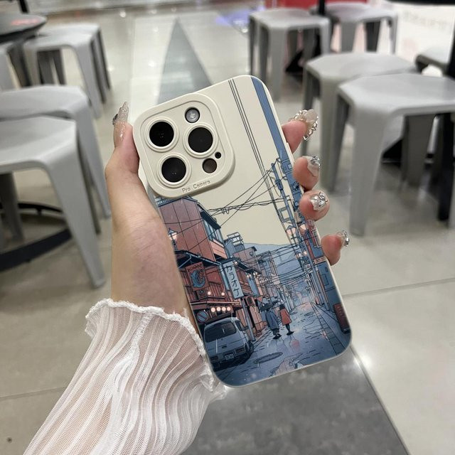 HYBXAXC Anime Town Handyhülle für iPhone 17 16 15 14 13 12 11 Pro Max Mini XS XR 7 8 Plus 16e in Multicolour, matte weiche TPU Schutzhülle - Bild 1