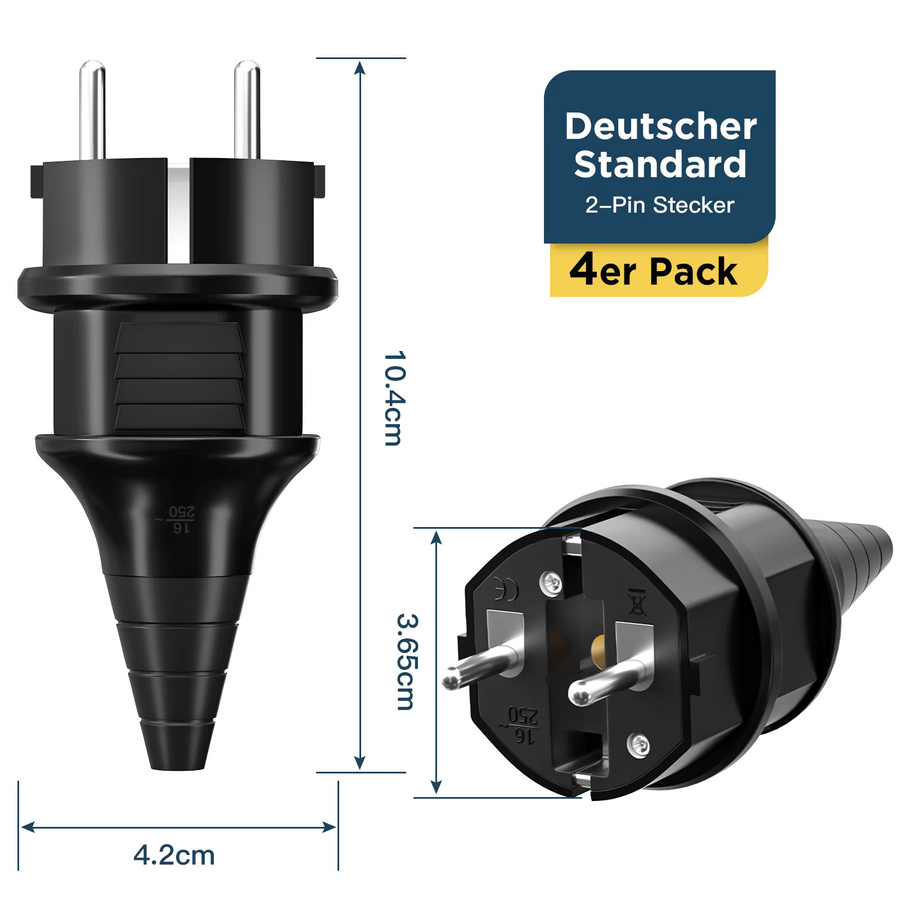 HITRENDS 4er Set Schuko-Netzstecker wasserdicht, EU-Stecker-Adapter 250 V 16 A, Schwarz - Bild 3