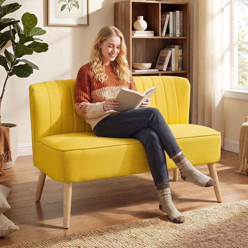 HOMCOM 2 Sitzer Sofa Modernes Polstersofa in Leinen-Optik mit Vollholzrahmen, Gelb, B/T/H: 117 x 56,5 x 77 cm - Bild 2