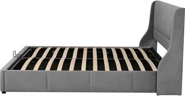 KOMHTOM Doppelbett mit hydraulischem Lift-up-Boden, gepolstert in Samt, Grau, B/T/H: 160 x 200 cm - Bild 1