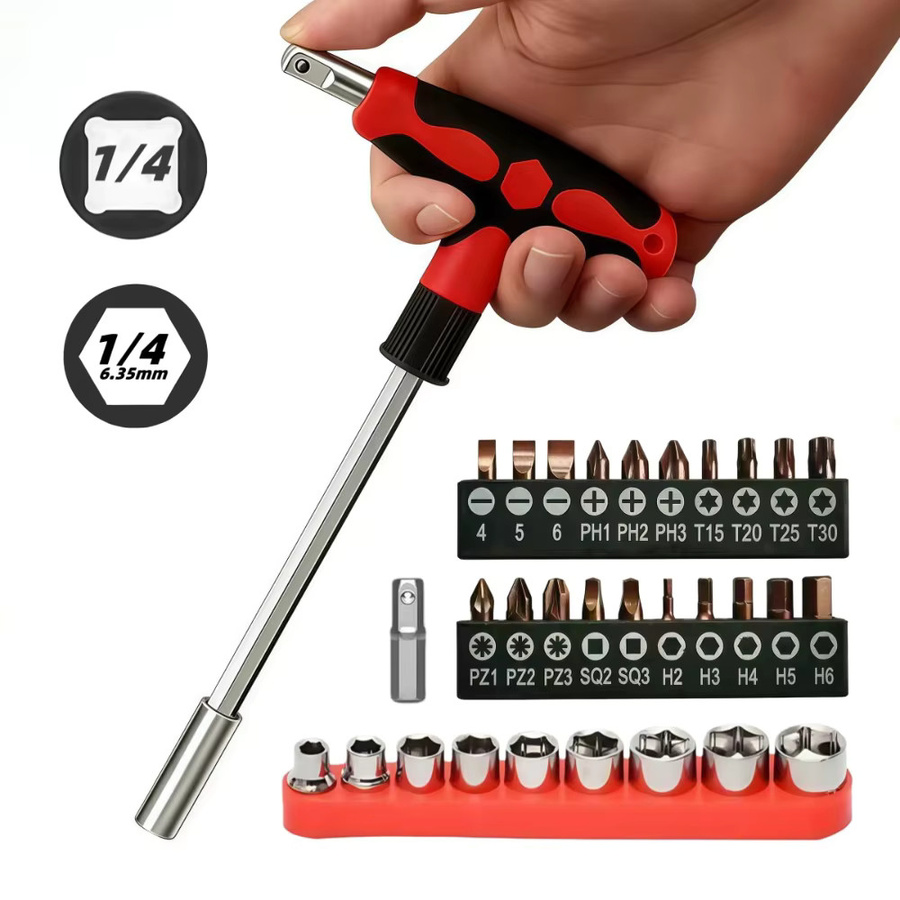Probon T-Griff-Schraubendreher-Set mit Kreuz-, Schlitz-, Sechskant- und Torx-Köpfen sowie Steckschlüsselsatz in Rot - Bild 5