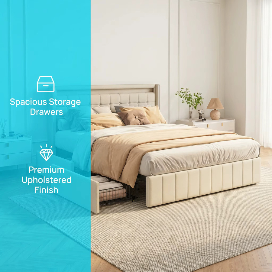 Superaly Polsterbett mit LED-Beleuchtung und USB-Ladefunktion, Doppelbett mit 4 Schubladen aus Leinen in Beige, B/T: 160 x 200 cm - Bild 2