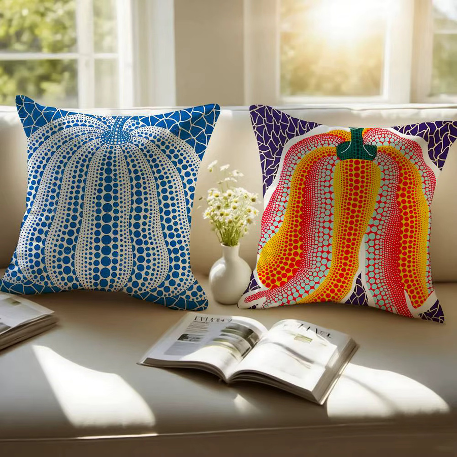 Yayoi Kusama Kissenbezug mit abstraktem Kürbis-Design in Multicolor, seidiger Kurzplüsch mit unsichtbarem Reißverschluss und Anti-Dustmite-Funktion - Bild 2