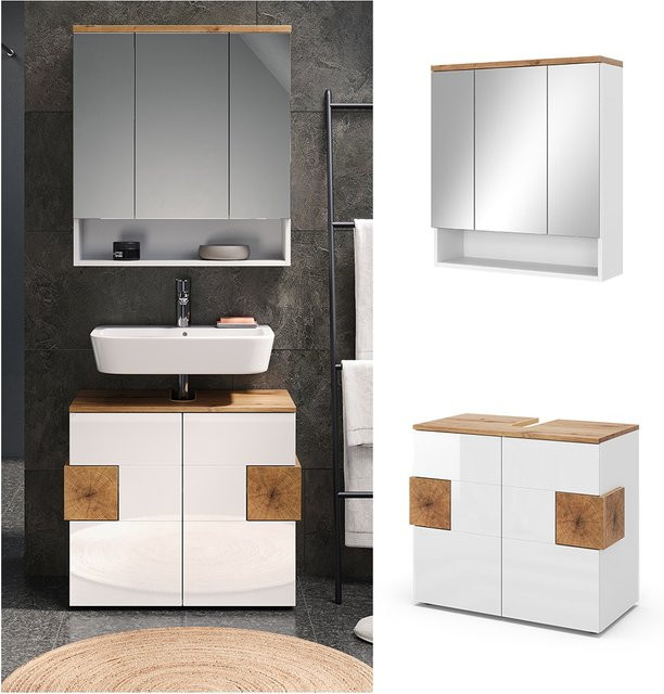 Vicco Badmöbel-Set Eden in Weiß und Eiche modern bestehend aus Spiegelschrank und Waschbeckenunterschrank - Bild 1
