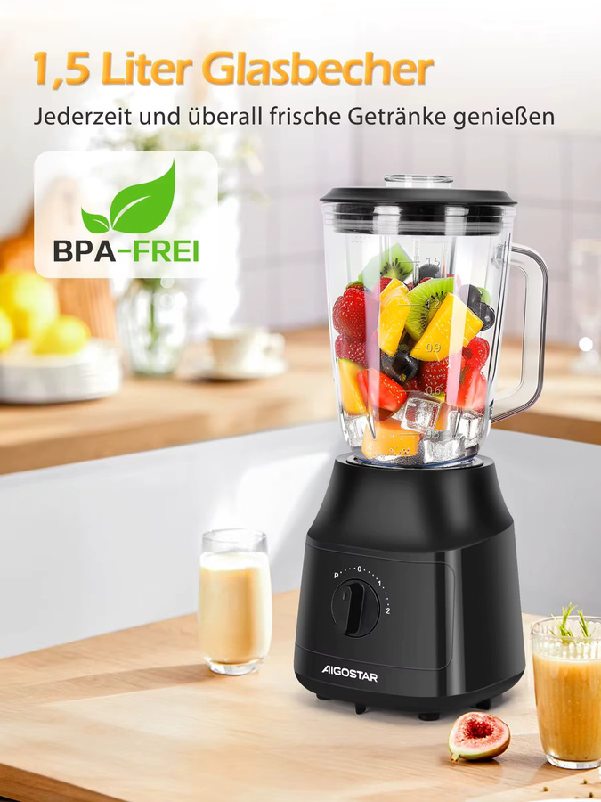 Aigostar Standmixer und Smoothie Maker mit 1,5 l Glasbehälter, 600W, Schwarz - Bild 5
