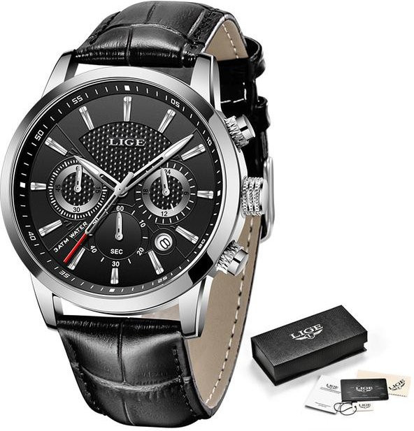 LIGE Chronograph Armbanduhr, Quarz, Edelstahl, Leder, Silber, Herren - Bild 1