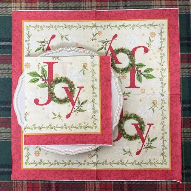 GUANYAO Weihnachtsservietten mit Kranz- und Obstmotiv, 2-lagig, bunt mit rotem Rand, 20 Stück, Breite: 33 cm - Bild 1