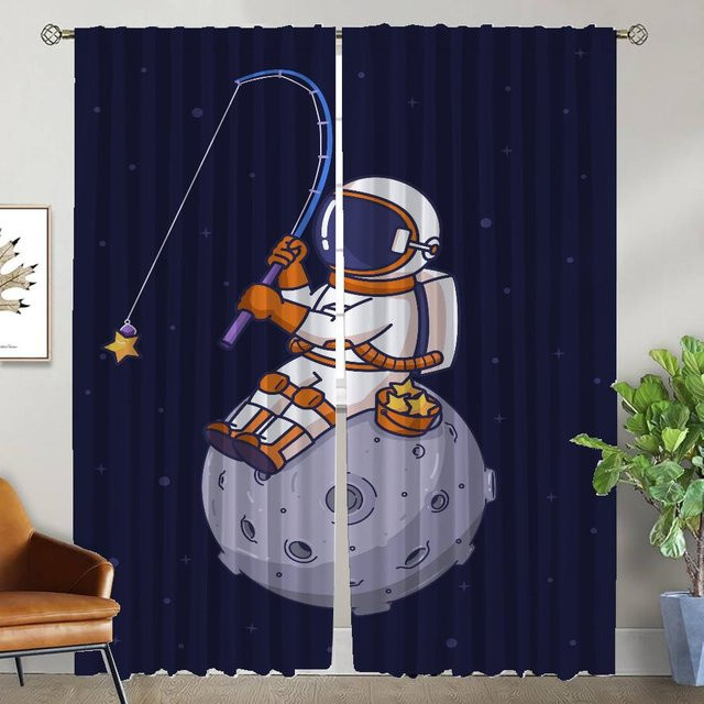 Astronaut Vorhänge aus Tüll für Wohnzimmer und Schlafzimmer, 2er Set, Blau, Breite: 50 cm, Höhe: 70 cm - Bild 1