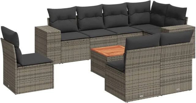 vidaXL 9-tlg. Garten-Sofagarnitur in L-Form aus Polyrattan mit Kissen in Grau - Bild 1