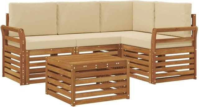 vidaXL 5-teiliges Gartenmöbelset in L-Form aus Akazienholz mit Kissen in Natur und Beige - Bild 1