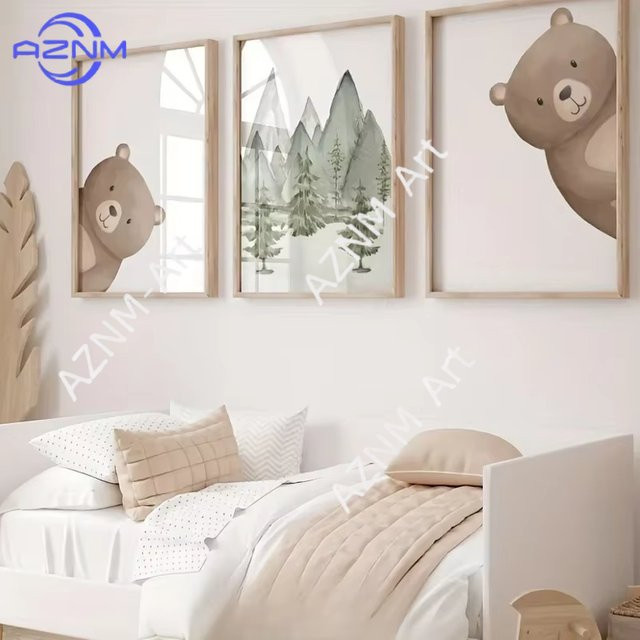 AZNM Waldbären-Poster Set aus Leinwand mit niedlichem Cartoon-Tier-Aufdruck für Kinderzimmer und Babyzimmer, Wanddekoration im skandinavischen Stil - Bild 1