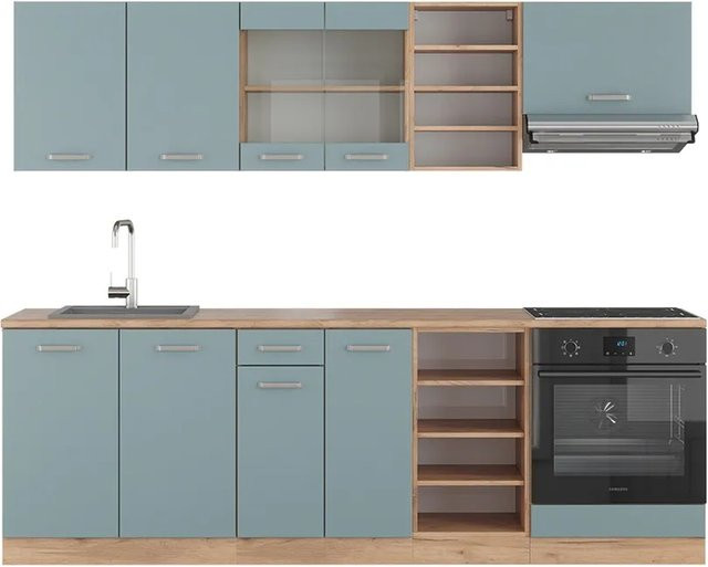 Vicco R-Line Küchenzeile Blau-Grau/Goldkraft Eiche, Breite: 240 cm - Bild 1