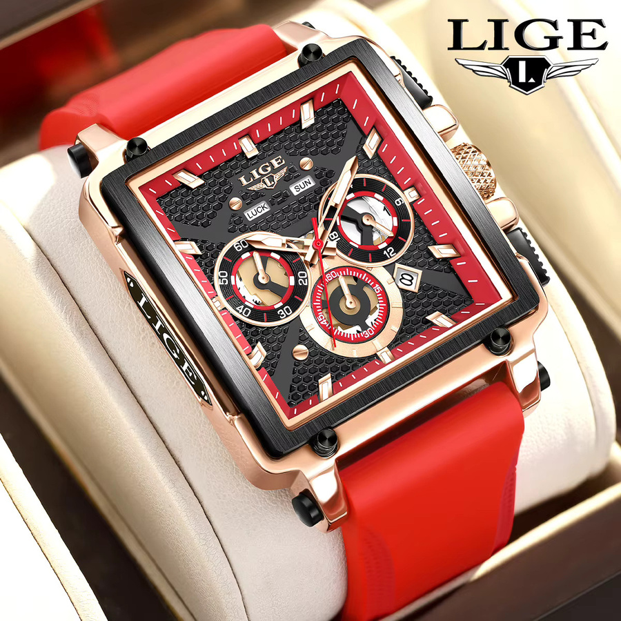 LIGE Armbanduhr Quarz, eckig, Silikonarmband, Schwarz, Herren - Bild 6