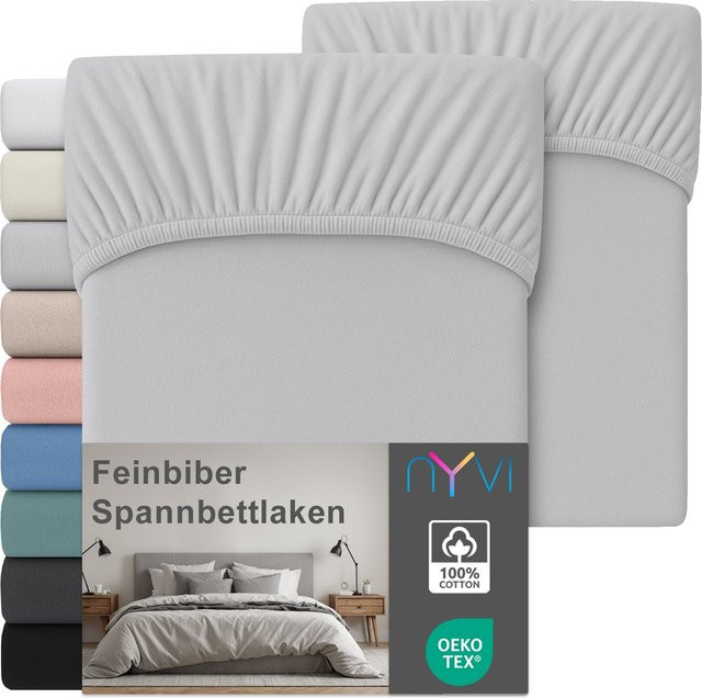 NYVI Feinbiber Spannbettlaken Deluxe 2er Set aus 100% Baumwolle, Silber, B/T: 90 x 200 cm, für Matratzen bis 25 cm Steghöhe, bügelfrei und vorgekrumpft - Bild 1