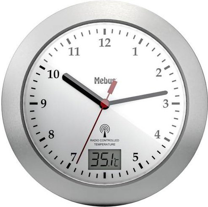Mebus 41124 Funk Wanduhr mit Thermometer in Silber, modern und rund, geeignet für Badezimmer und Feuchträume - Bild 1