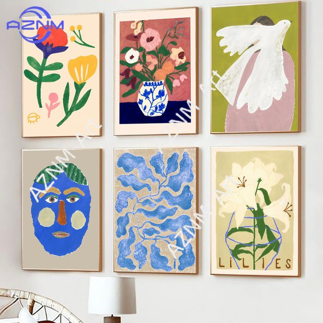 KAYOU Wandkunst Poster mit Vögeln und Blumen in abstrakter nordischer Malerei, Mehrfarbig, Rechteckig - Bild 1