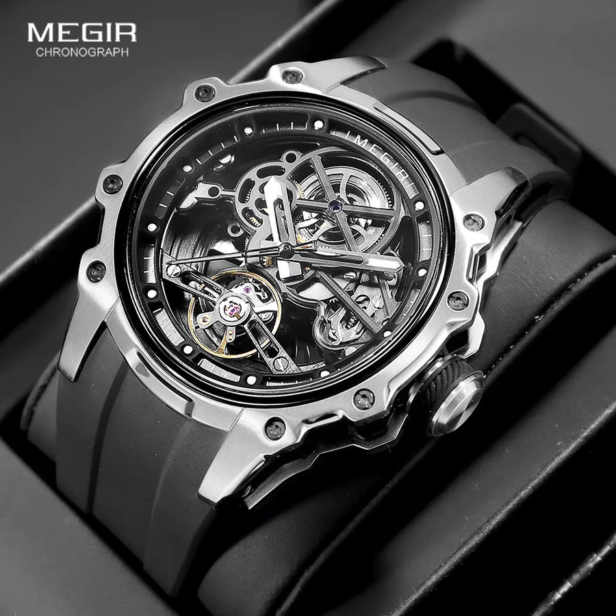 MEGIR Armbanduhr Automatik, Silikonarmband, Herren, Skelett-Zifferblatt - Bild 3