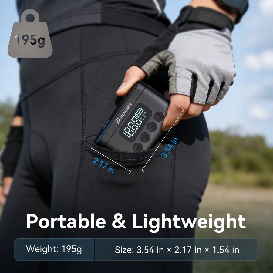 POPDEER P-T01 Mini Tragbare Elektrische Pumpe für Fahrrad und Motorrad, 150PSI, Schwarz, mit Presta- und Schrader-Ventil, 1000mAh Akku, Licht & LCD-Display - Bild 5