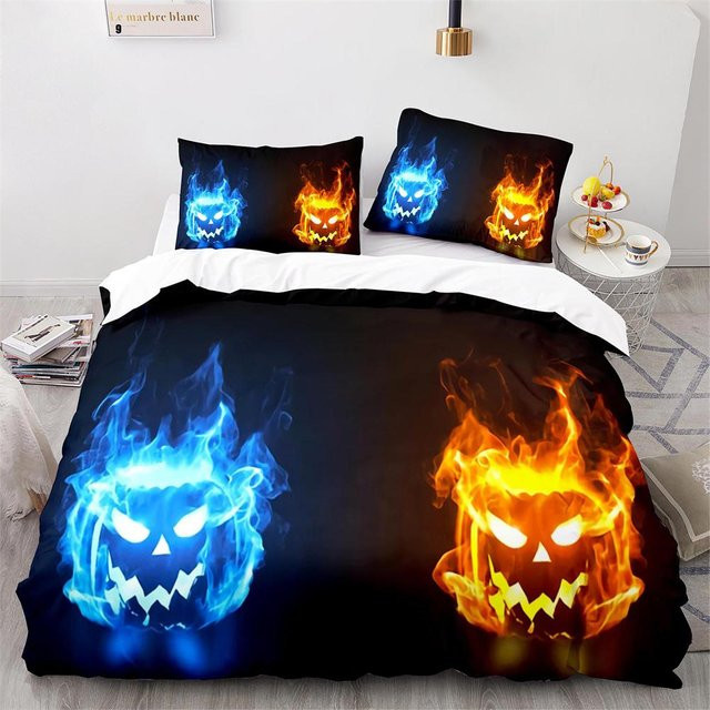 Bettwäsche-Set Your Warm Home mit Feuer-Muster in Blau, Orange und Grün für Kinder und Teenager, bestehend aus 1 Bettbezug und 2 Kissenbezügen, B/H: 140 x 210 cm - Bild 1