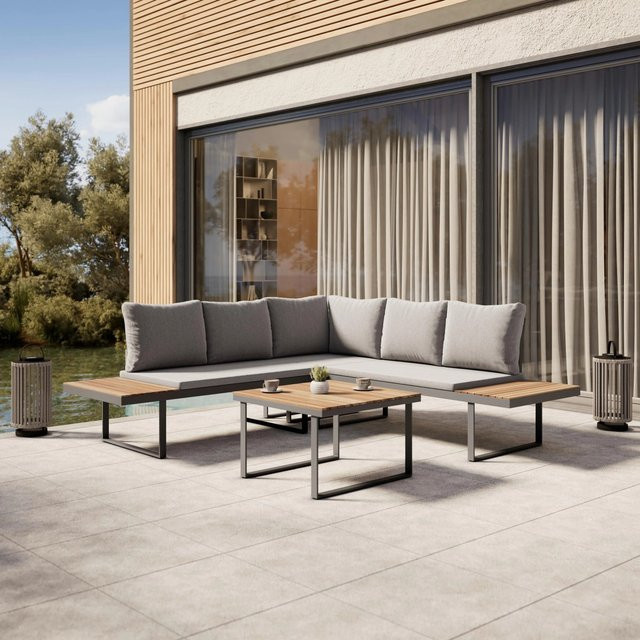 Bessagi Garden Loungegarnitur Elia in Grau mit L-Form, Akazienholz und Metall für Garten, Balkon und Terrasse - Bild 1
