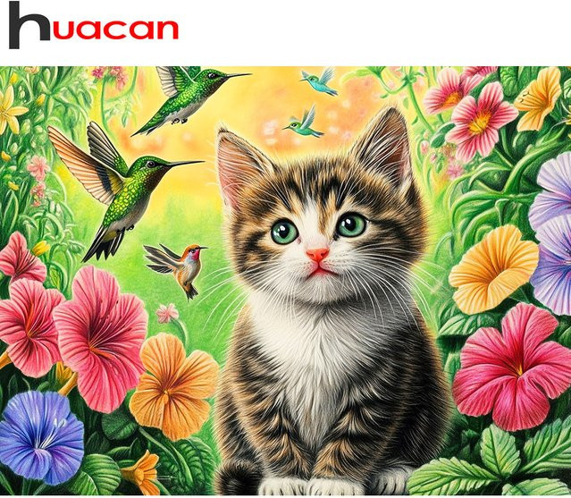 Huacan Diamantmalerei mit Katzen, Vögeln und Blumen als Strassstein-Bild in Multicolour, B/H: 20 x 30 cm - Bild 1
