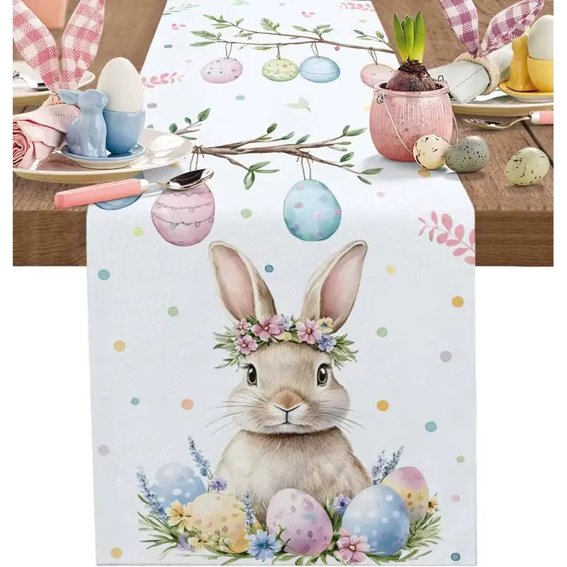 VIKAMA Osterhase Ei Tischdecke aus Leinen in Weiß, rustikale Frühlings-Dekoration für deinen Esstisch, rechteckig und maschinenwaschbar - Bild 2