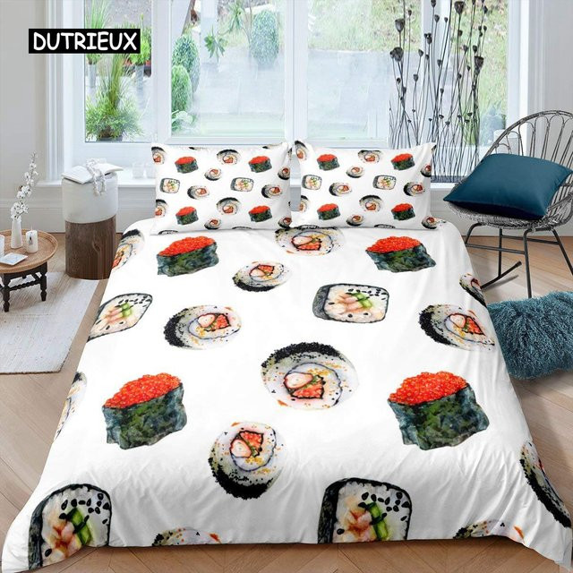 Wucifang Bags Sushi Bettbezug-Set aus Mikrofaser mit niedlichem Cartoon-Sushi-Print, King Size, B/H: 155 x 215 cm - Bild 1