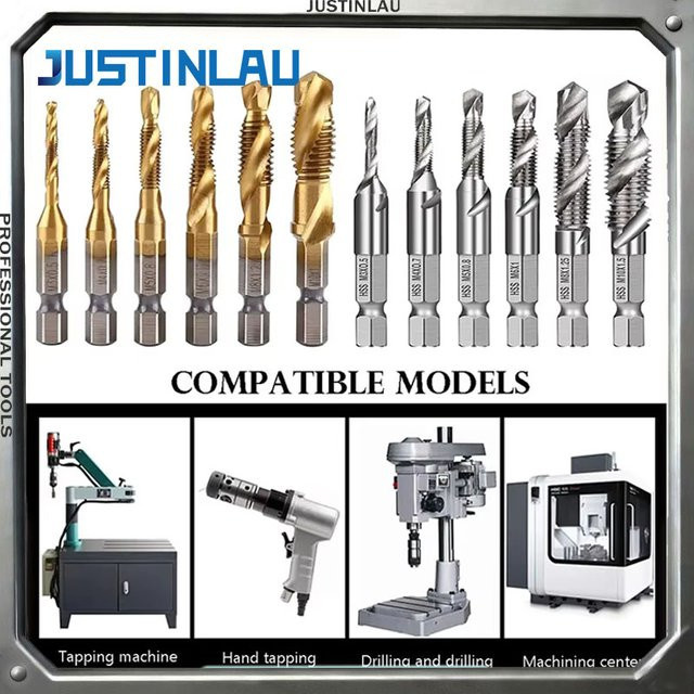 JUSTINLAU 6-teiliges HSS Gewindebohrer-Set mit Senkkopf-Entgratung und Schnellwechsel-Sechskant 1/4 Zoll, M3-M10 - Bild 1