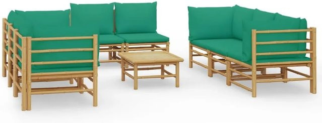 vidaXL 9-tlg Garten-Lounge-Set aus Bambus mit grünen Polsterkissen in L-Form - Bild 1