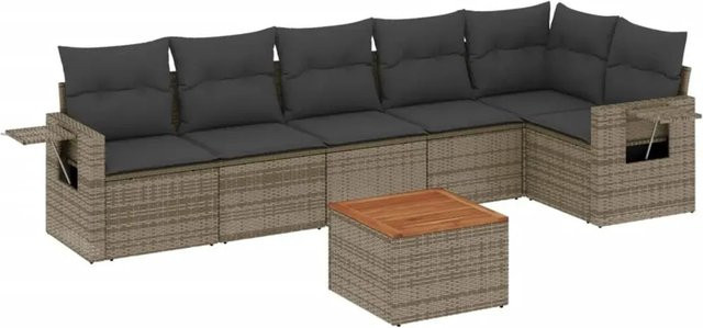 vidaXL 7-teilige Garten-Sofagarnitur in L-Form aus grauem Poly-Rattan mit Kissen und pulverbeschichtetem Stahlgestell - Bild 1