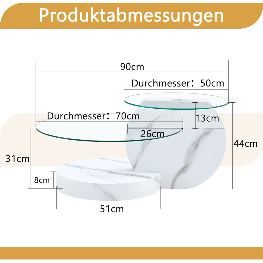 Ye Moderner Couchtisch mit weißem Marmor-Look aus Sicherheitsglas und MDF, zweischichtiges Design in Weiß, Grau oder Transparent - Bild 2