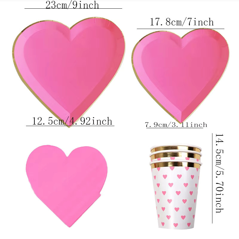 40er Set Einweg Geschirr aus Papier in Herzform mit Tellern, Tassen und Servietten in Rot und Pink für Hochzeit, Valentinstag und Party Dekoration - Bild 2