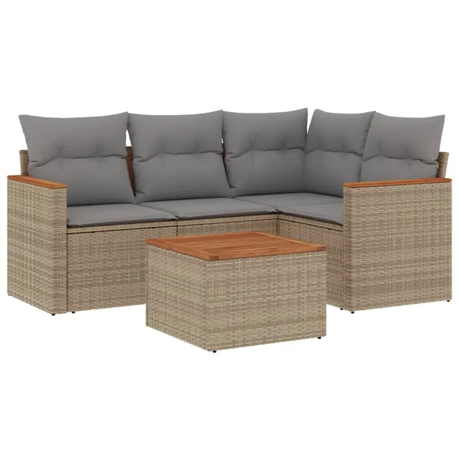 vidaXL 5-teilige Garten-Sofagarnitur in L-Form aus Poly-Rattan und Akazienholz mit Kissen in Beige - Bild 2