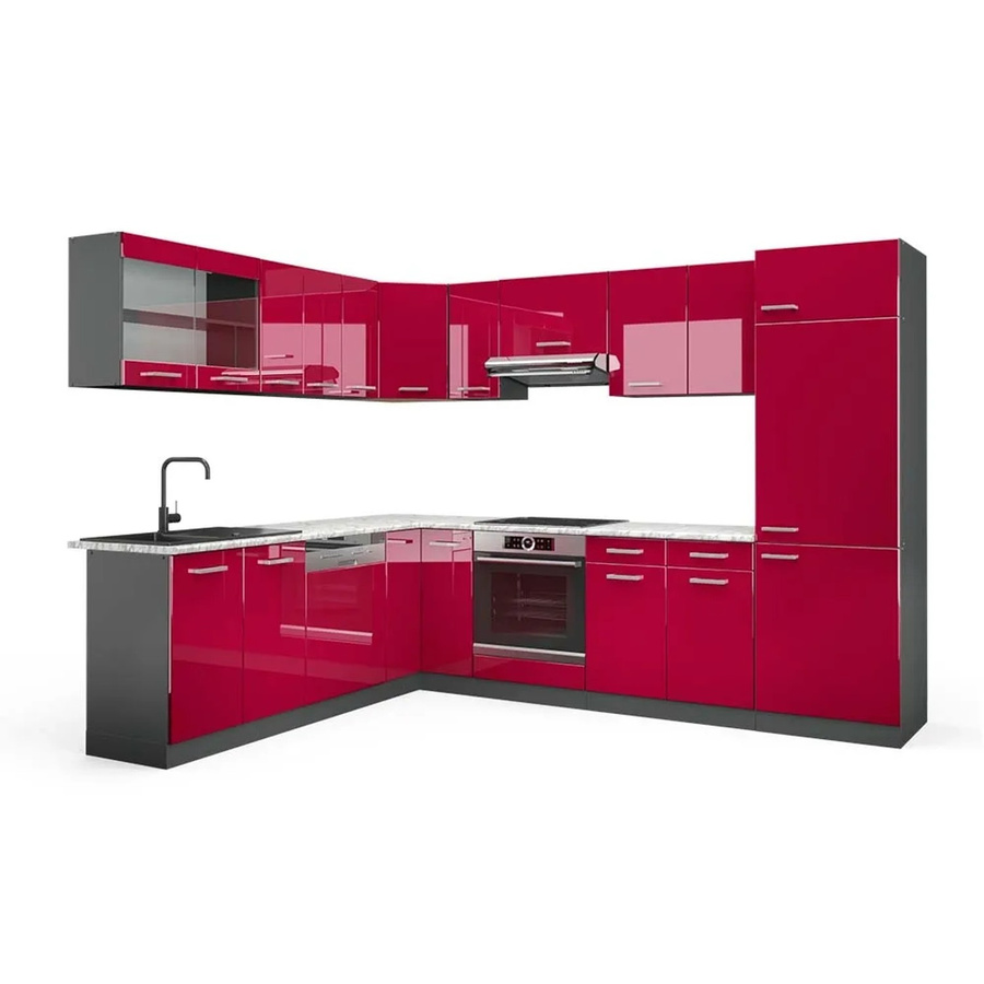 Vicco R-Line Eckküche in Bordeaux Hochglanz und Anthrazit mit Marmor-Optik, B/T/H: 227 x 287 x 207 cm - Bild 2