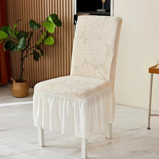 Bestbags Esszimmerstuhlbezug mit Blätter-Jacquard-Muster und Schößchen in Weiß, elastische Stuhlhussen aus Polyester - Bild 1