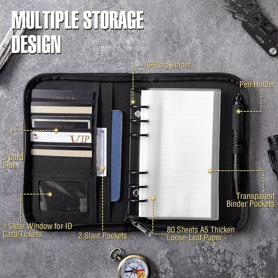 Kosibate Taktisches Notizbuch Padfolio mit 6 Ringen, A6 Hardcover Ringbuch mit Reißverschluss und 45 linierten Seiten, Beige und Schwarz - Bild 4