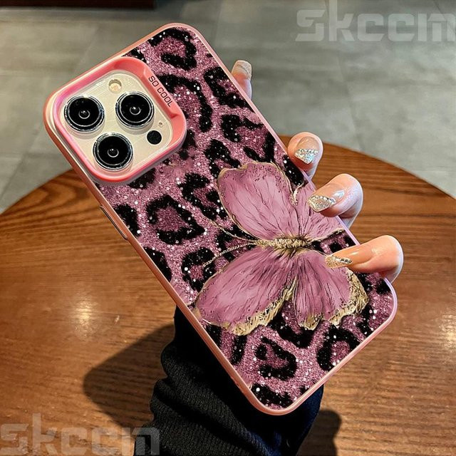 Yiran Handyhülle mit Schmetterling und Leopardenmuster in Pink für iPhone Modelle, stoßfeste Hartschale - Bild 1