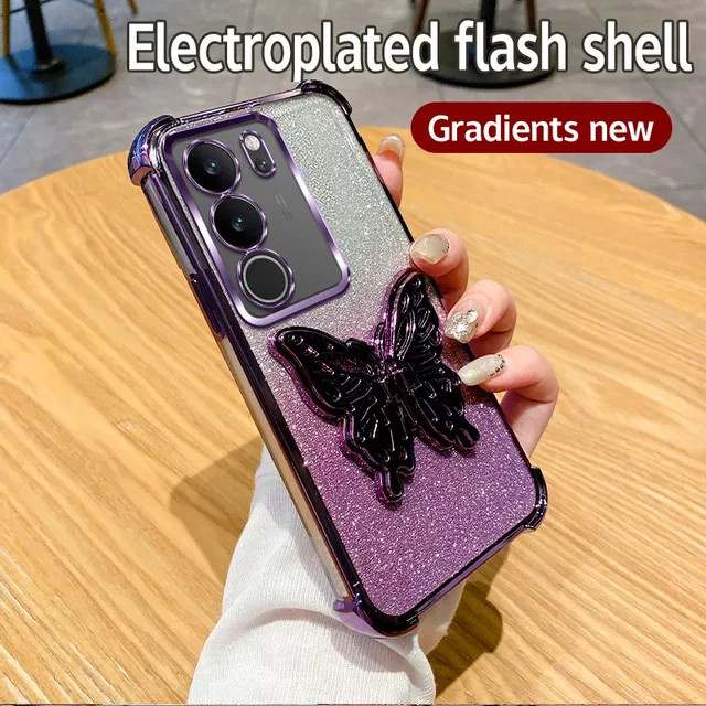 Stoßfeste Glitzer-Schmetterlings-Handyhülle für Vivo V40 Lite V29 V27 V25 23 Pro mit weicher TPU-Rückseite in Pink - Bild 1