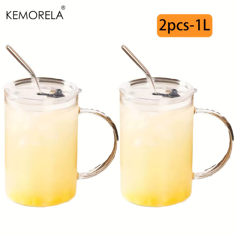 KEMORELA Glas Trinkbecher mit Deckel und Stroh, 1000 ml, Transparent - Bild 2
