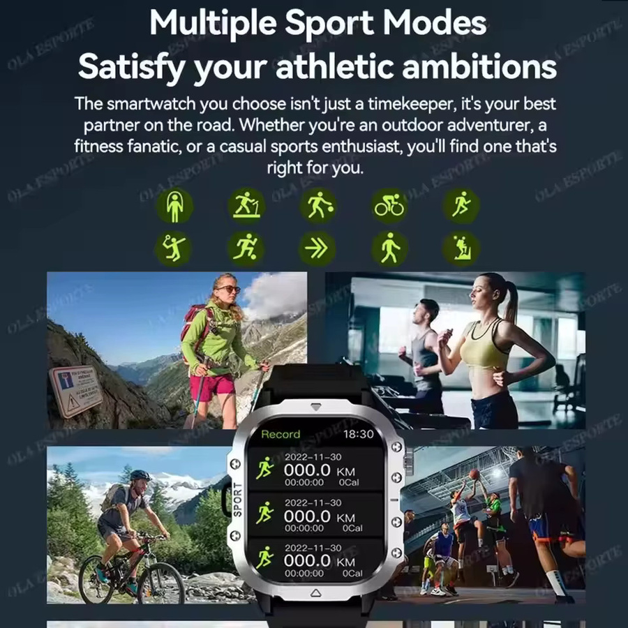 Militärische Smartwatch HW12 für Herren von Ola Esporte in Silber mit 2,01 Zoll Display, Fitness-Tracker, Gesundheitsüberwachung, Bluetooth-Anruffunktion und LED-Taschenlampe - Bild 6