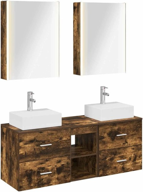 5-tlg. vidaXL Badezimmermöbel-Set in Geräucherte Eiche, modern mit Spiegelschrank, Wandschrank, Waschtischunterschrank, LED-Beleuchtung und Glastüren, Braun Matt - Bild 1