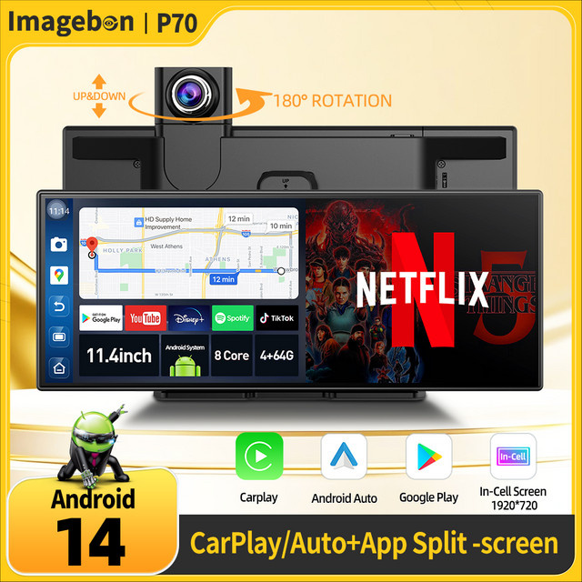 Imagebon P70 Android 14 Dash Cam mit 11,4 Zoll Display, 8-Core Prozessor, Triple-View-Kamera, Carplay und App Split Screen Funktion in Schwarz - Bild 1