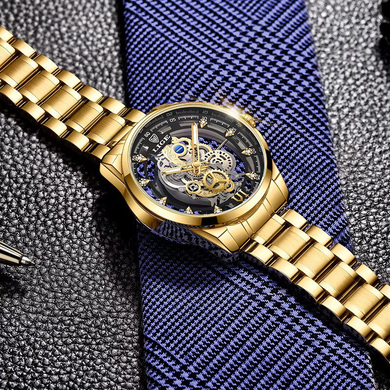 LIGE Armbanduhr Skeleton, Quarz, Gold, Leder, Herren - Bild 5